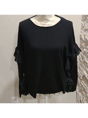 Sandro Ferrone black soft lightweight knit sweater with ruffle detail on sides